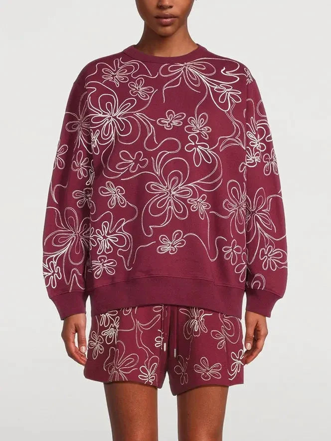 Embroidered Swirling Floral Pattern Oversized Sweatshirt