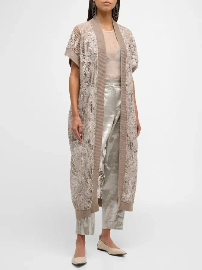 Floral-Embroidered Knit Net Sleeveless Long Cardigan