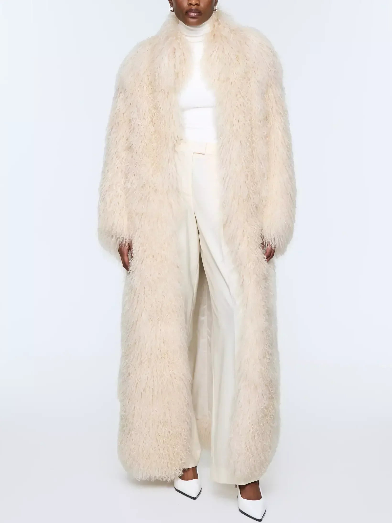 Long Full Mongolian Shearling Coat in Cream