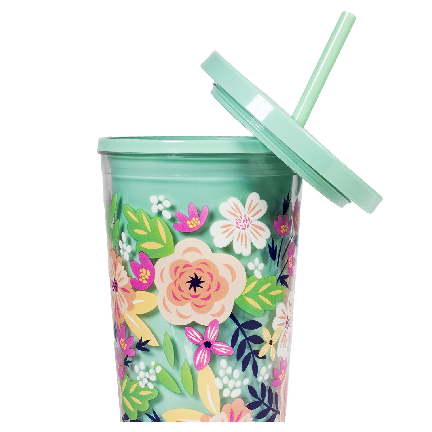 Steel Mill & Co 24 Ounce Tumbler with Lid and Reusable Straw, Floral Double Wall Insulated Travel Cup, Pink Rose