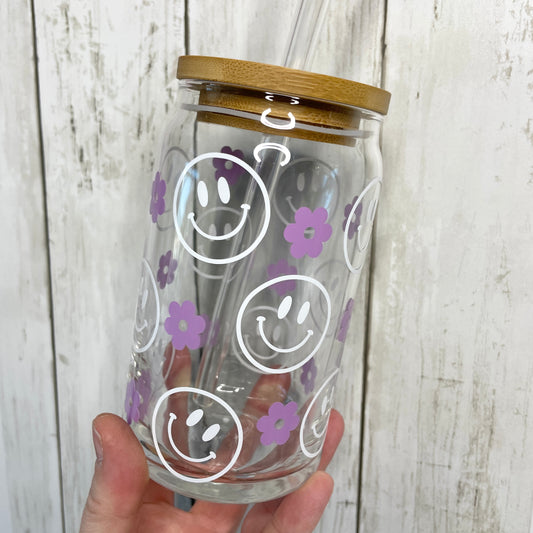 Featured Shops Daisy Glass Soda Can With Lid and Straw 16 oz Smiley Face Libbey  Glass Iced Coffee Cup Bamboo Lid glass tumbler with straw