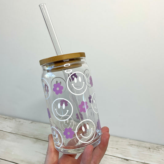 Featured Shops Daisy Glass Soda Can With Lid and Straw 16 oz Smiley Face  Libbey Glass Iced Coffee Cup Bamboo Lid glass tumbler with straw