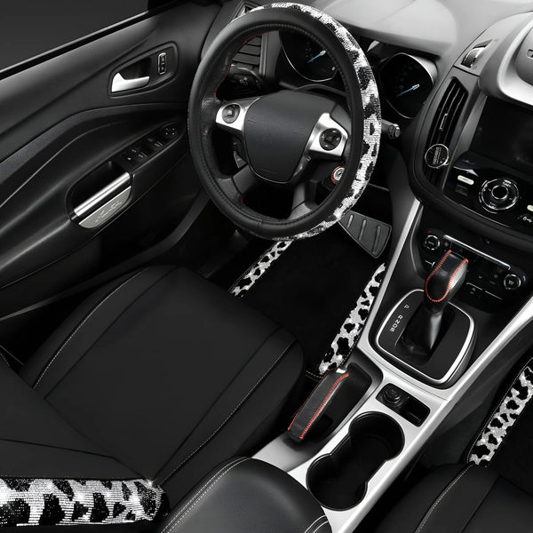 sparkling steering wheel cover with black car mat