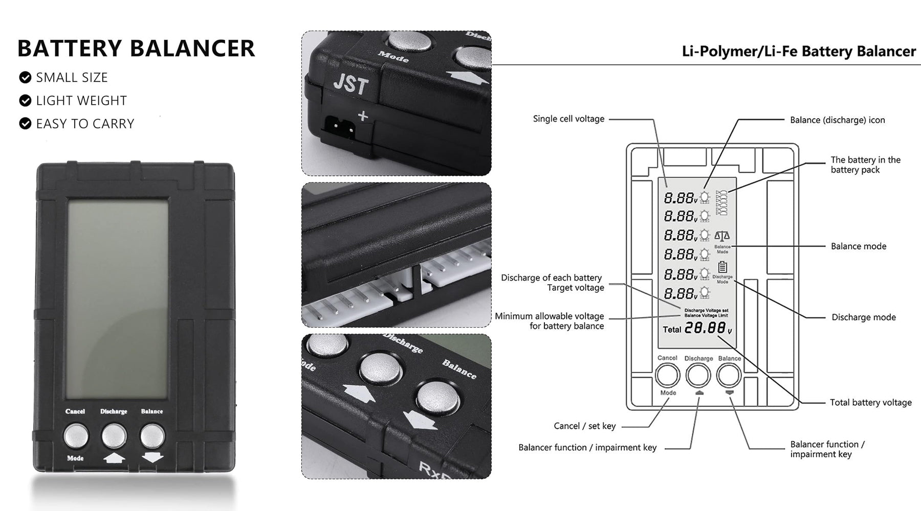 Image showing a G.T.Power 3 in 1 Battery Tester Battery Capacity Controller Digital Battery Capacity Checker for 2-7S LiPo/Li-ion/Li-Mn/Li-Fe/NiCd Battery - RS295 with an LCD display for voltage readings. The device has buttons labeled 'Cancel,' 'Display,' and 'Balance.' There are four close-up images of the parts and a diagram explaining its features, including "Small Size," "Light Weight," and "Easy to Carry.