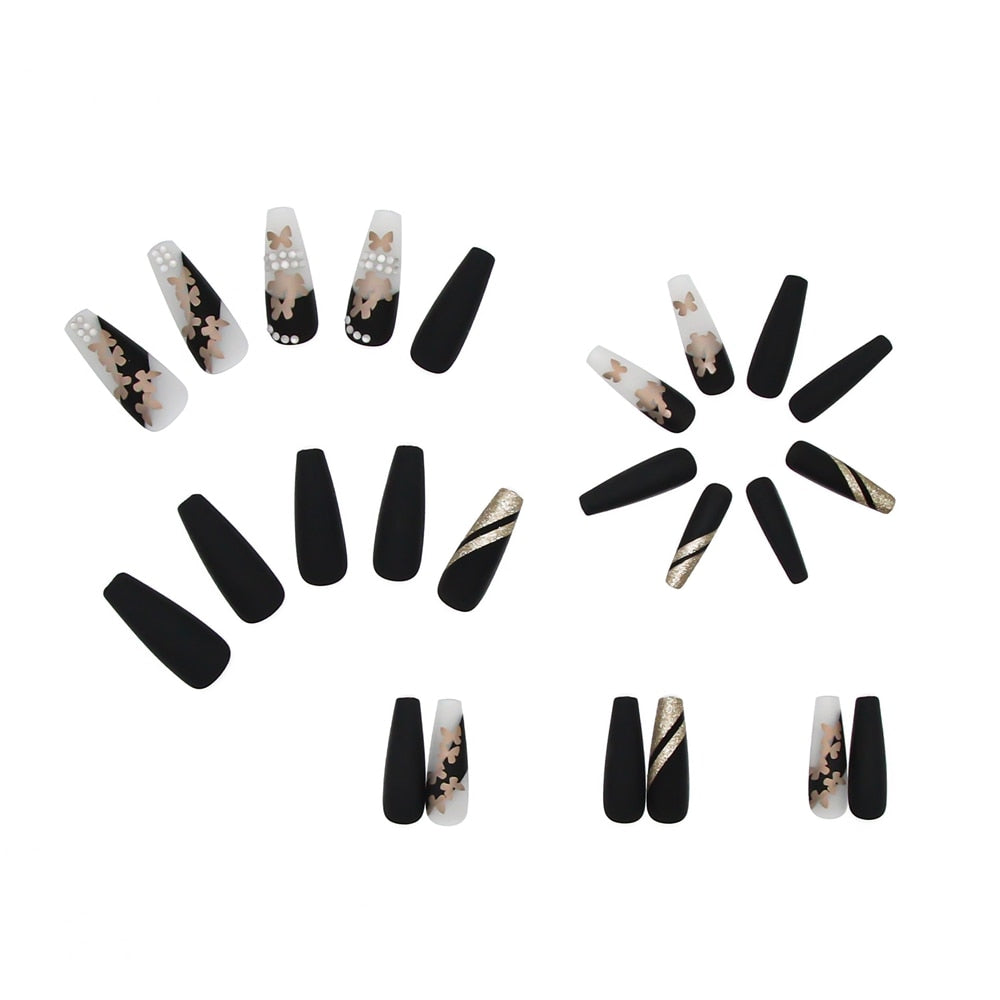 Black and Gold Glitter Butterfly Fake Nails – Trendy Things To Buy