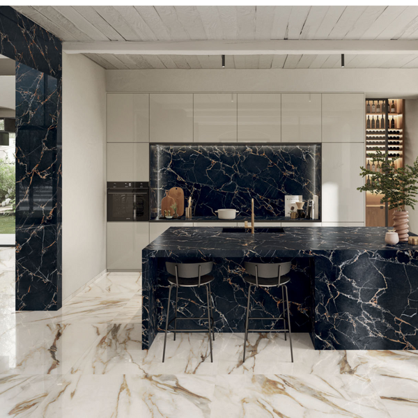 Luxury marble effect porcelain floor and kitchen