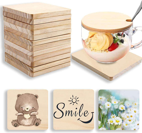 12 PCS Unfinished Square Wood Coasters 4 Inch Blank Wooden Crafts with  Non-Slip Silicon Dots for DIY Stained Engraving