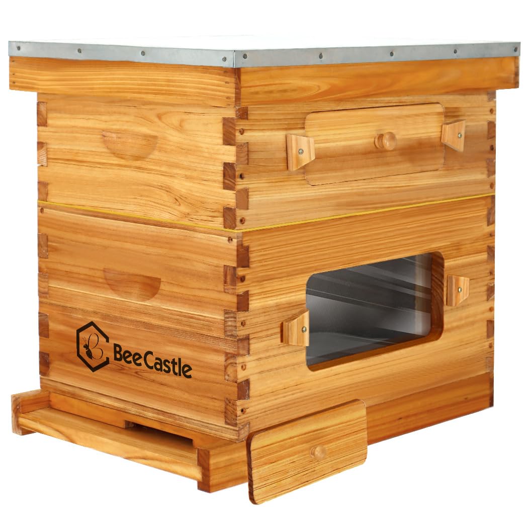 BeeCastle 8 Frame Langstroth Beehive, Bee Hive Beeswaxed Coated Beehive Starter Kit with Beehive Frames and Waxed Foundations (1 Deep Beehive Box & 1 Medium Super Beehive Box)
