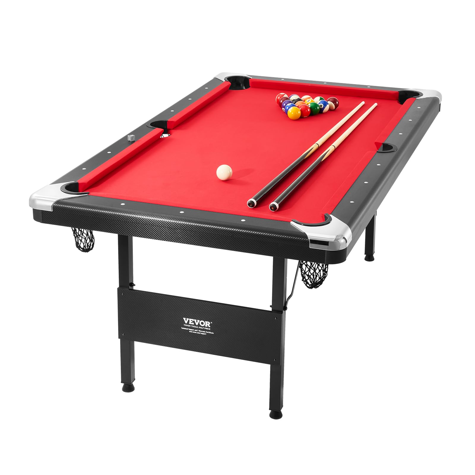 VEVOR Billiards Table, 6.3 ft Pool Table, Portable Foldable Space-Saving Table, Billiard Table Set includes Balls, Cues, Chalks and Brush, Black with Red Cloth, Perfect for Family Game Room Kid Adult