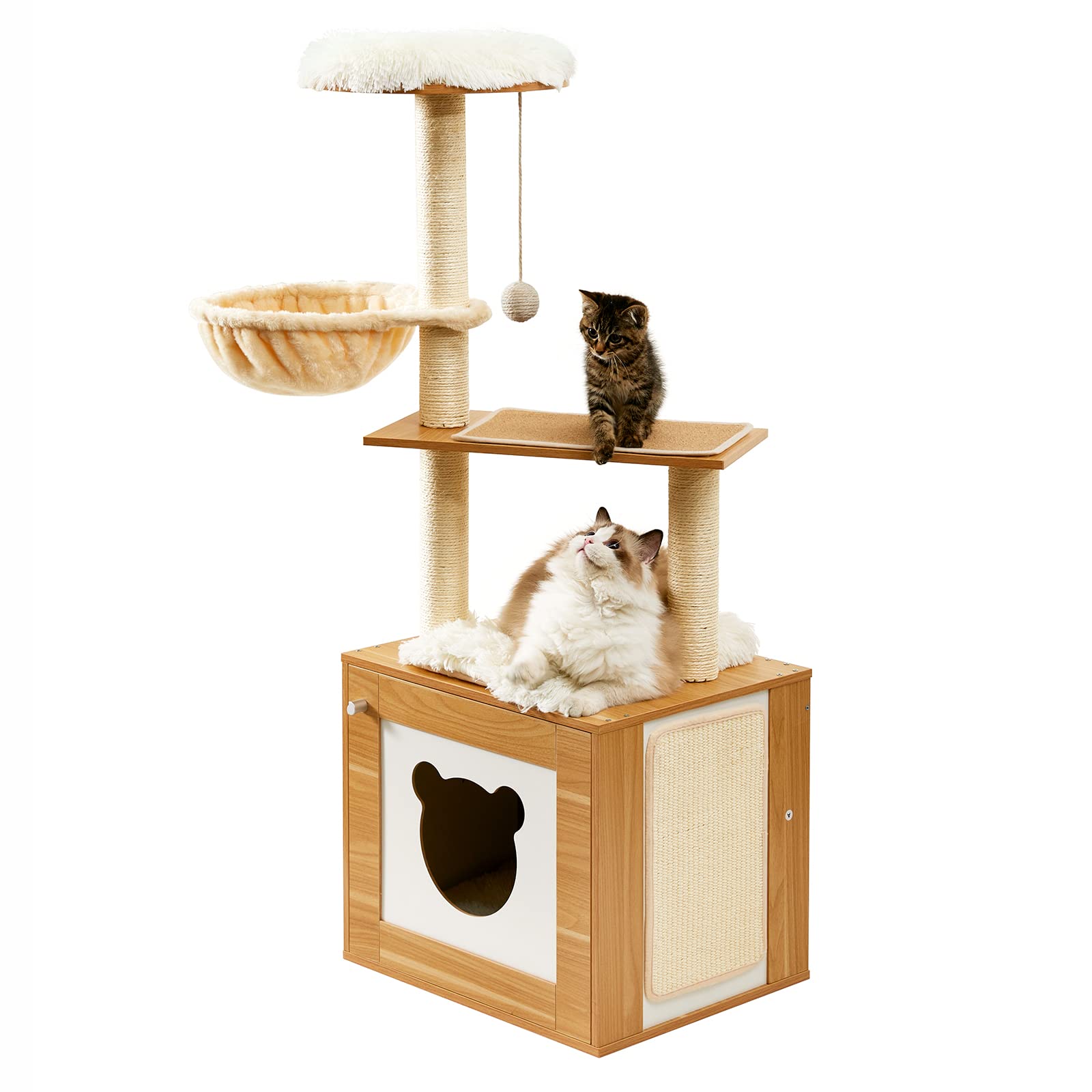 Made4Pets Cat Tree with Litter Box Enclosure, 2-in-1 Modern Cat Tower for Indoor Cats, 48.6" Wood Kitten Condo with Scratching Post and Hammock, Removable Scratch Pad for Large Cats