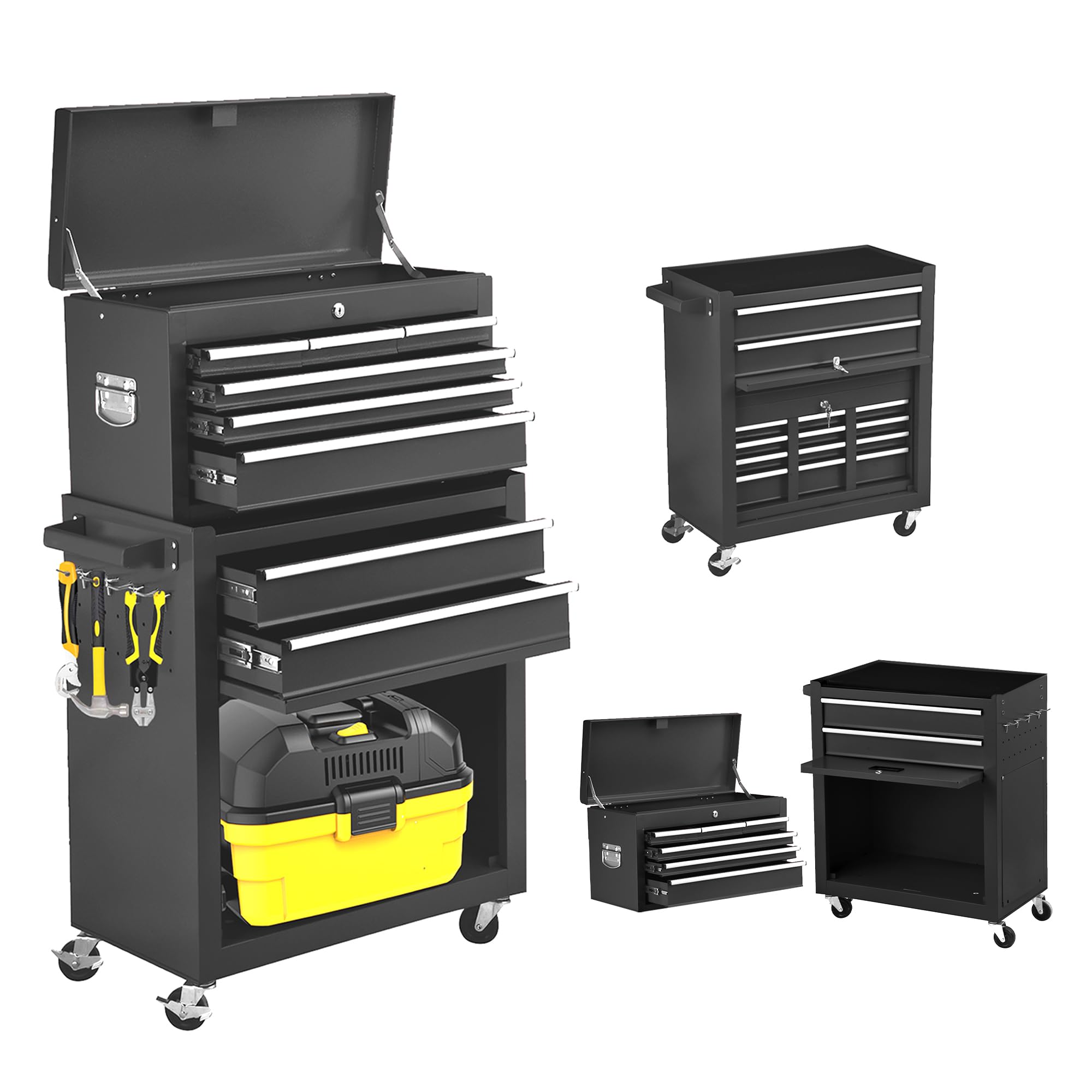 Sofizy 8-Drawer Rolling Tool Chest Large Rolling Tool Box with Wheels, Detachable Cabinet Storage Toolbox with Drawers, Metal Tool Cart with Toolbox for Garage Workshop Warehouse (Black)