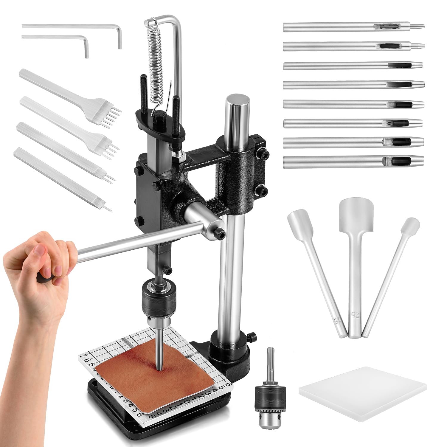 Bonvoisin Leather Hole Puncher, Leather Press Machine, Manual Press Puncher for Craft with Punch Tools Chuck, Plastic Plate and Punches