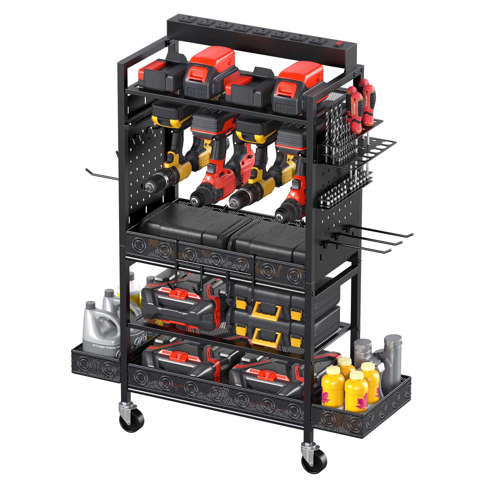 CCCEI Garage Power Tools Organizer Cart with Charging Station, Black Floor Standing Rolling Drill and Tools Battery Storage Cart on Wheels. Utility