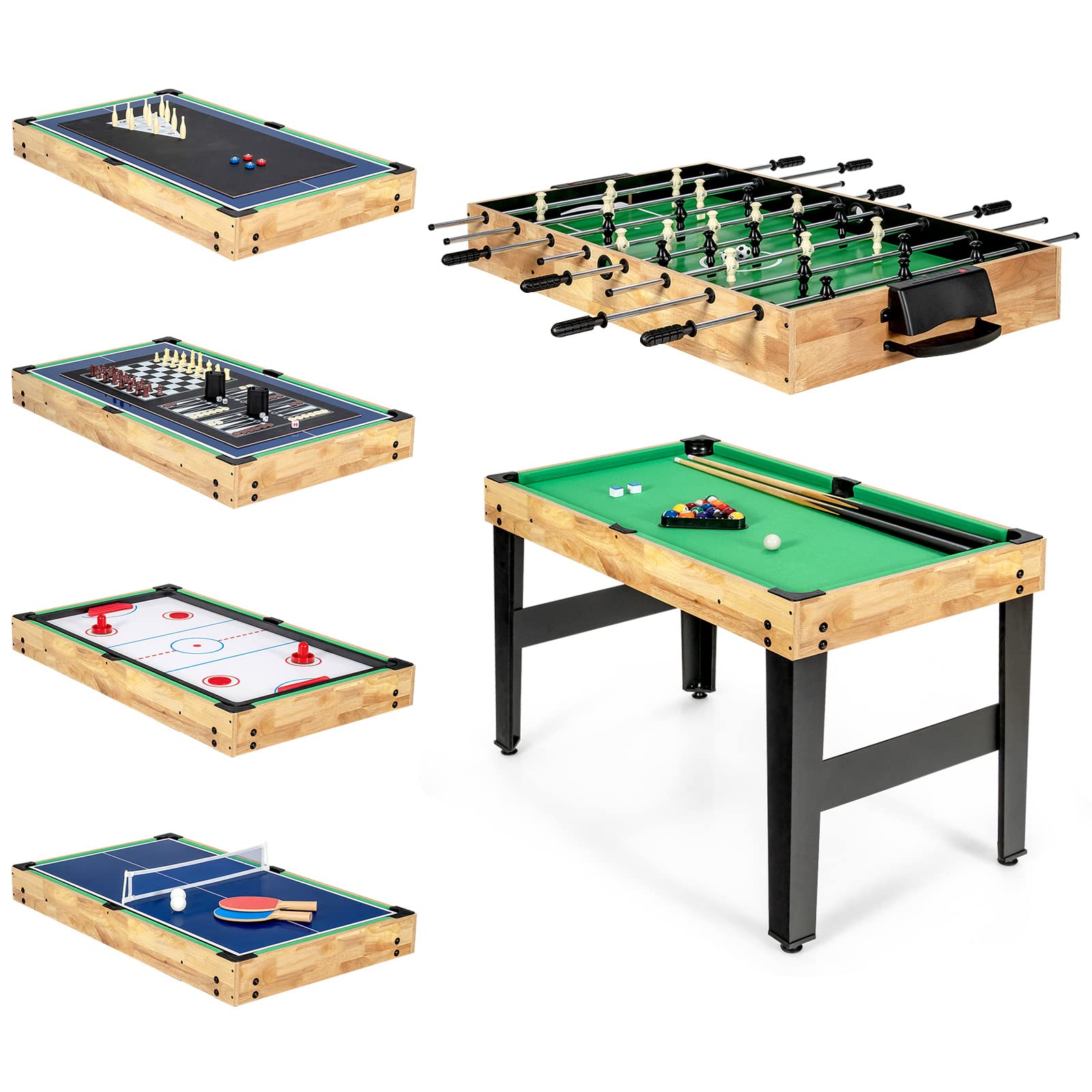 GYMAX Multi Game Table, 10 in 1 Combo Game Table w/Foosball Table, Hockey, Pool Table, Ping Pong, Shuffleboard, Bowling & 4 Board Games, Game Tables for Game Room, Home, Family