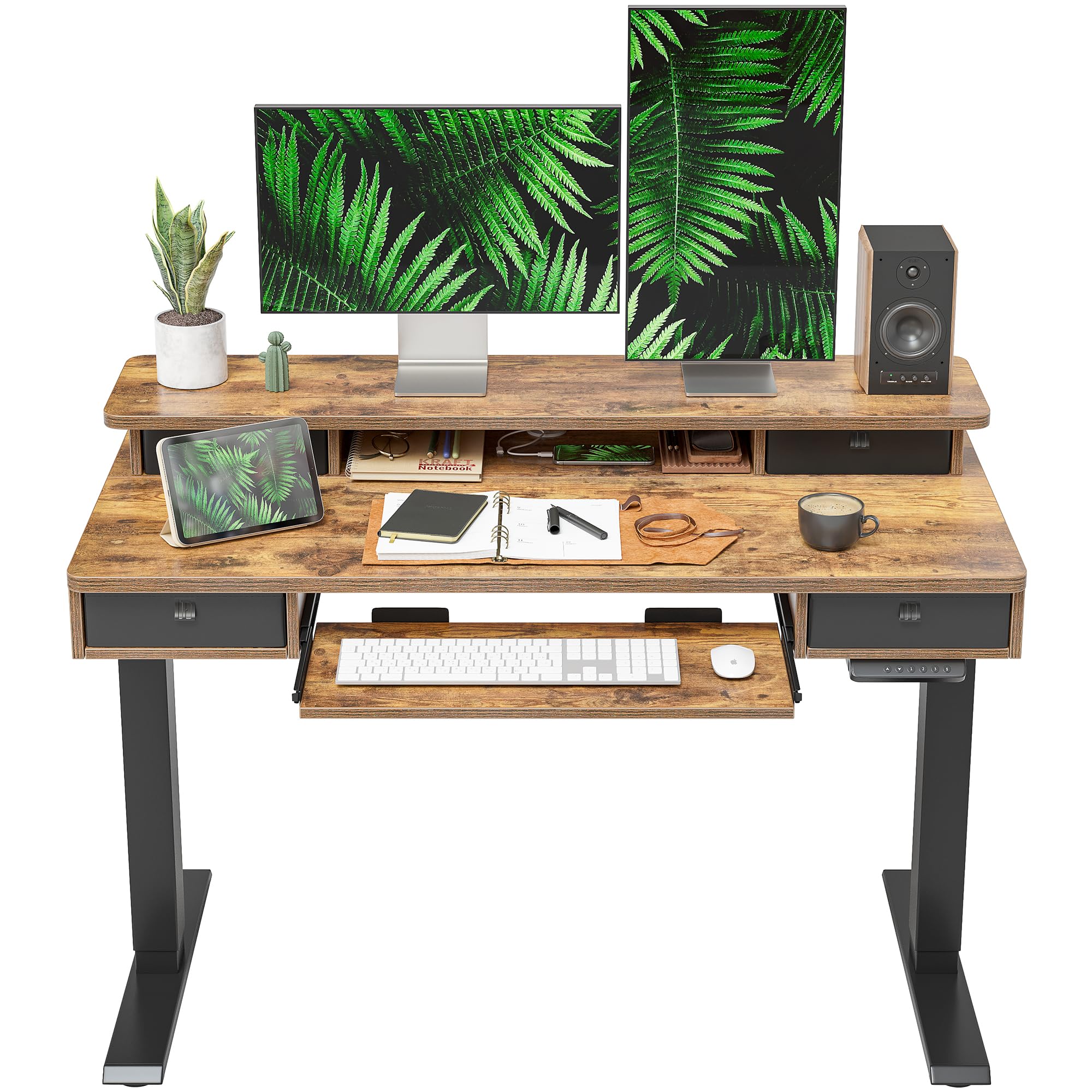 FEZIBO Height Adjustable Electric Standing Desk with 4 Drawers and Keyboard Tray, 48 x 24 Inch Table with Storage Shelf, Sit Stand Desk with Splice Board, Rustic Brown