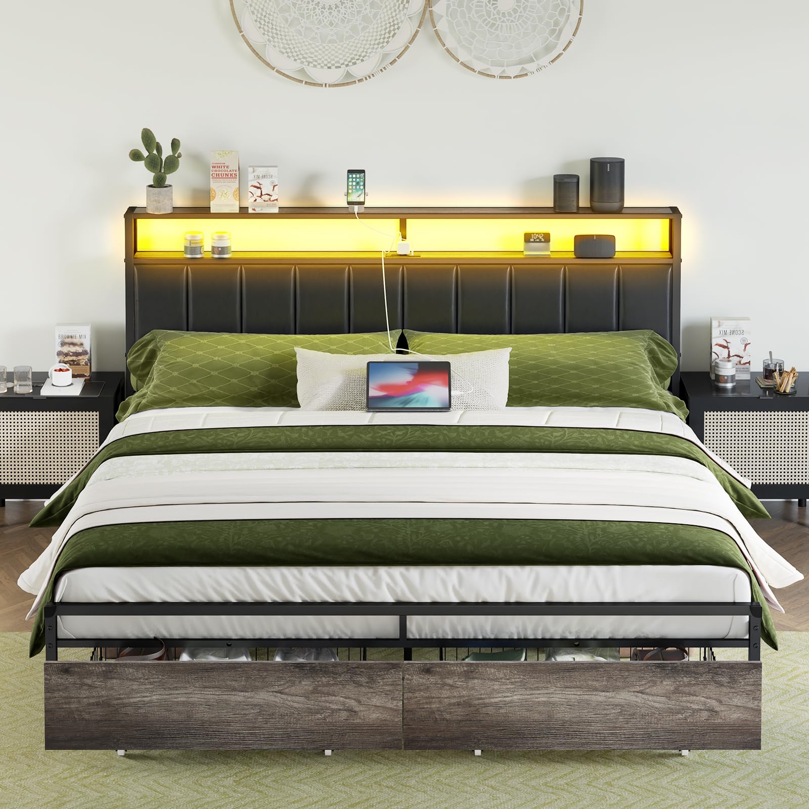 AMERLIFE Rustic Grey LED King Bed Frame with Storage Drawers & Charging Station Headboard