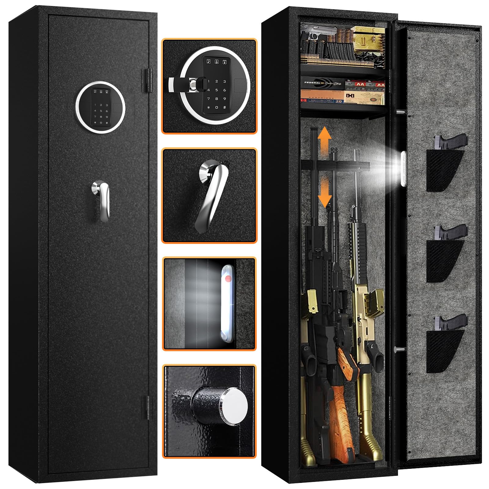 EMAXEE 5-6 Gun Safe Rifle, Gun Safes for Home Rifle and Pistols, Gun Cabinet with Privacy Virtual Password and Alarm Function, Rifle Safe with 2 Removable Shelves and Adjustable Racks for Shotguns