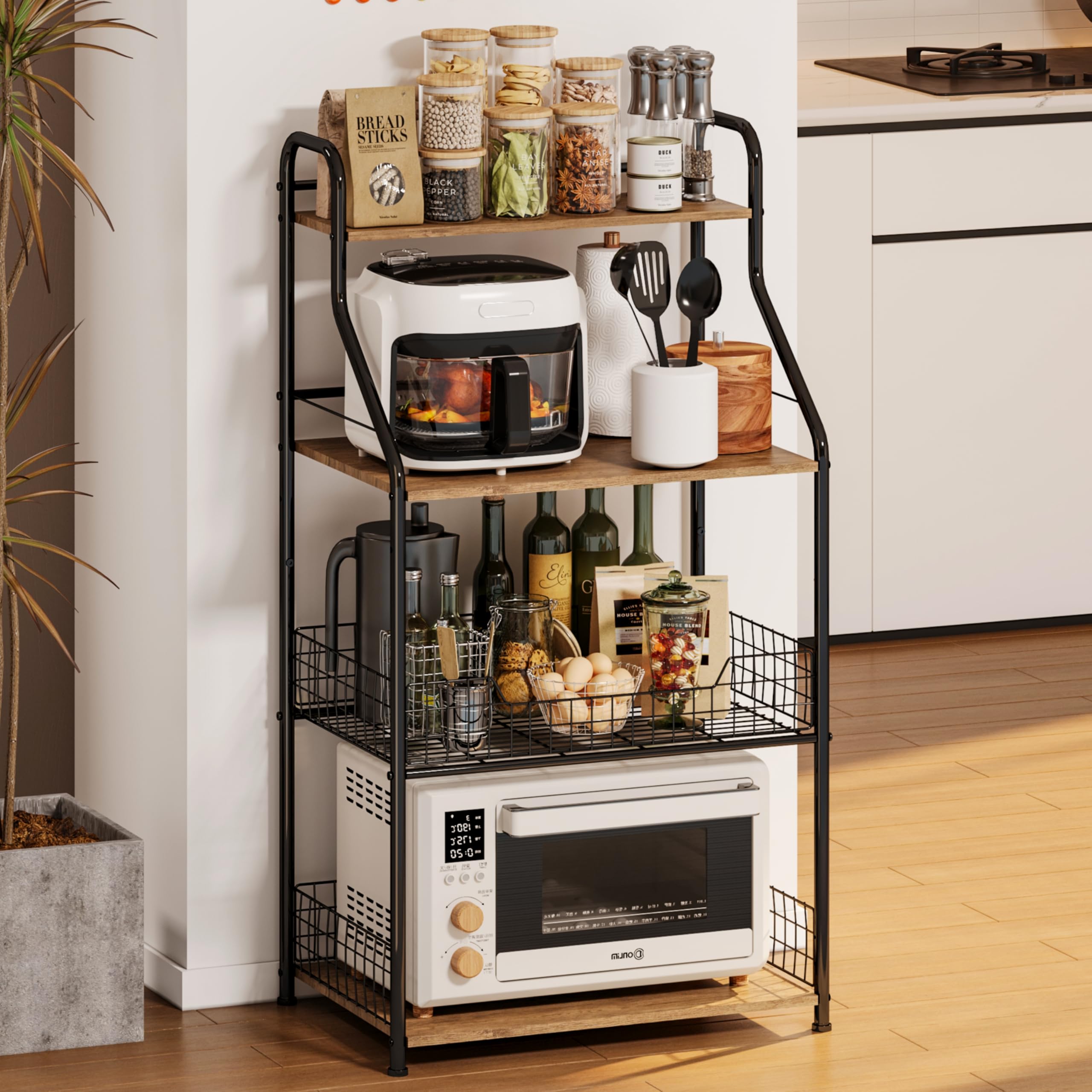 Microwave Stand with Storage 4-Tier, Bakers Racks for Kitchens, Coffee Cart Microwave Cart with Storage, Metal Bakers Rack with Storage, Coffee Cart with 5 S-Hooks