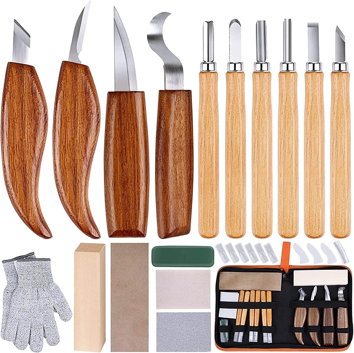 Whittling Knife, Wood Carving Tools 5 in 1 Knife Set - Includes Sloyd Knife, Chip Carving Knife, Hook Knife, Oblique Knife, Trimming Knife Sharpener