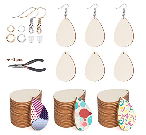 120 Pieces Unfinished Wooden Earrings Blanks Wooden Teardrop Earrings Set  Wood Pendants with 60 Pieces Earring Hooks and 60 Pieces Jump Rings for