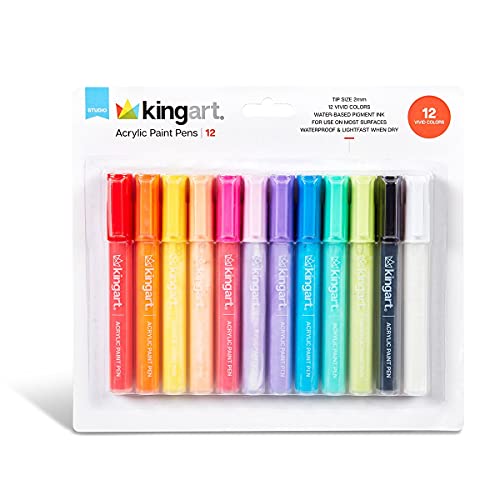 Kingart 453-12A Pro Metallic 12 Ct. Extra Fine Paint Pens, 0.7mm Tip, 12 Acrylic Paint Colors Incl. Gold, Silver, Low-Odor Water-Based Quick Drying
