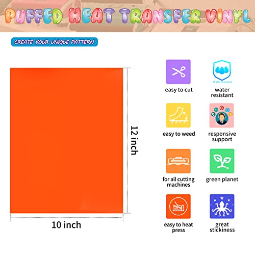  Puff Heat Transfer Vinyl Sheets for Halloween, Heflashor 3D  Puffy Iron on Vinyl Orange Purple 12 x 10 Easy Cut Weed Heat Press Vinyl  for T-Shirts, Fabric Crafts