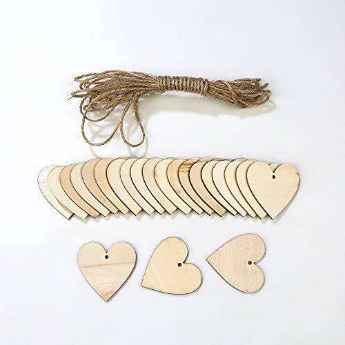 WYKOO 50 Pcs 3 inch Natural Heart Wood Slices DIY Wooden Ornaments Unfinished Wooden Heart Embellishments with Natural Twine for Valentine's Day, Wedd