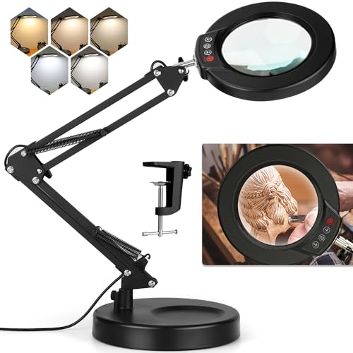  TOMSOO 5X Magnifying Glass with Light and Clamp, 5 Color Modes  Stepless Dimmable Lighted Magnifier with Stand, Flexible Gooseneck LED Desk  Lamp Hands Free for Craft Reading Painting Hobby Close Work 