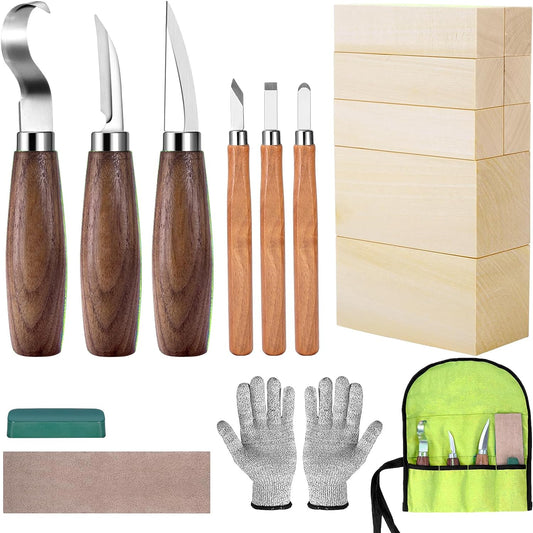 Wood Carving Kit, 23pcs Wood Carving Tool with 4PCS Wood Carving Knives &  5PCS Detail Knives 9 Basswood Blocks & Gloves & Roll Bag & Strop Block 