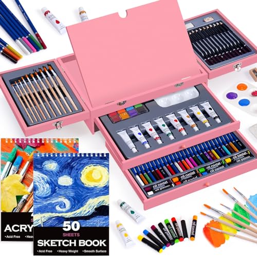 COOL BANK 175 Piece Deluxe Art Supplies, Art Set with 2 A4 Drawing Pads, 24  Acrylic Paints, Crayons, Colored Pencils, Art Kit for Adults Artist