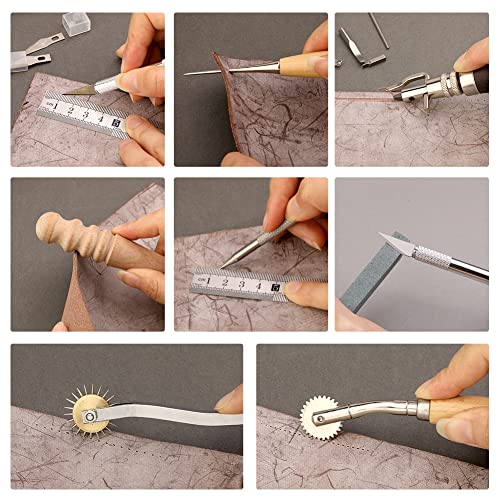 TLKKUE Leather Working Tools Leather Sewing Kit Leather Craft Tools with Storage Bag, Groover, Stitch Wheel, Waxed Threads, Awl, Needles, Manual, Leat