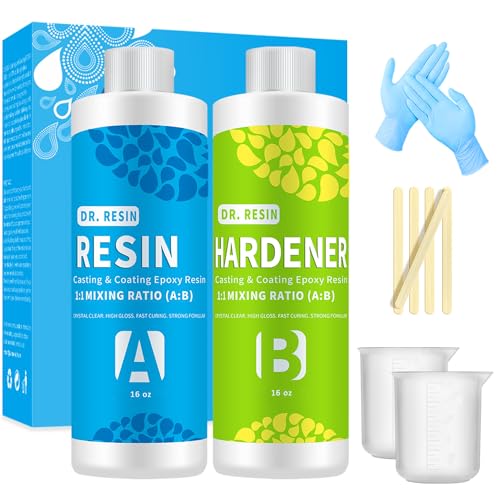 Dr. Resin 2 Part 1 Gallon Clear Epoxy Resin Kit (0.5 Gal Resin + 0.5 Gal Hardener) Crystal Jewelry Tabletop Resin with Cups Sticks Spreaders Gloves