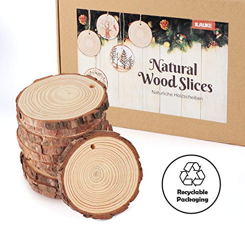 MIKIMIQI Large Natural Wood Slices 4 Pcs 10-12 Inch Unfinished Oval Shaped  Wooden Slices Craft Rustic Wood Circle with Rope for Street Sign Billboard