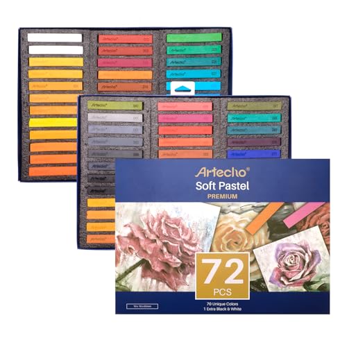 Artecho 66 Basic Soft Pastels, 64 Colors Including 4 Fluorescent Colors,  Extra Free Black & White, Square Chalk for Drawing, Blending, Layering