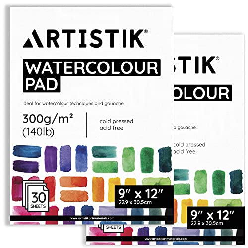 ARTISTO Watercolor Pads 9x12”, Pack of 2 (60 Sheets), Glue Bound, Acid-Free  Paper, 140lb (300gsm), Perfect for Most Wet & Dry Media, Ideal for