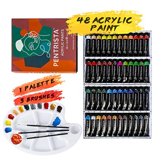 PENTRISTA Acrylic Paint,24 Colors Artist Quality Acrylic Paint Set,  12ml/Tube with 3 Art Brushes & 1 Palette for Artists,Beginners and  Kids,Non-Toxic