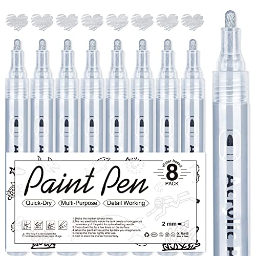 Funcils 5 Acrylic Silver Paint Pen - Silver Marker Metallic Paint Pens for Fabric, Wood, Canvas, Leaf, Metal, Glass - Silver Paint Pen Fine Tip, Thin