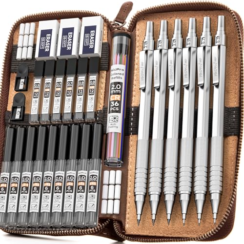  Nicpro 11 Pieces Colors 2mm Mechanical Pencil Set, 3 PCS  Carpenter Drafting Pencil 2.0 mm for Art Drawing Writing Sketching  Construction with 6 Tube Pre-Sharpen 2B & Color Refill, Eraser