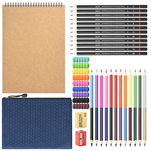 43 colored pencil sets, two sketchbooks with 50 pages, black