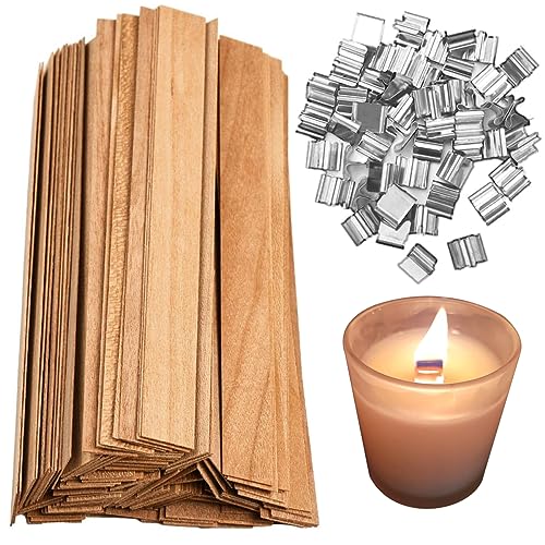 50 Pcs Wooden Candle Wicks + + 50pcs 304 Stainless Steel Base + 50  Double-Sided Stickers,Thickened Wood Wicks with Iron Stand & Candle Wick  Trimmer