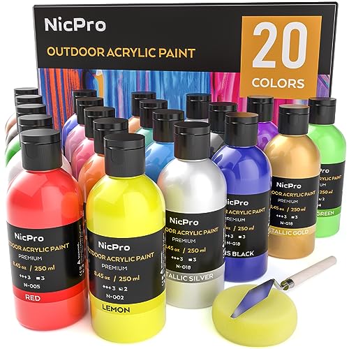 Nicpro 32 Colors Outdoor Acrylic Paint Bulk with Brush and Sponge, Knife, Non-Toxic  Paint for Multi-surface Rock, Wood, Fabric, Leather, Crafts, Canvas, Shoes  and Wall Painting