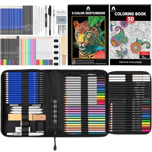 LUCYCAZ Drawing Pencil Kit, Sketchbook with Charcoal Pencils and Sketch  Pads Set, Art Supplies with Drawing Pad in Carrying Case, Travel Sketch Kit  for Kids Beg…
