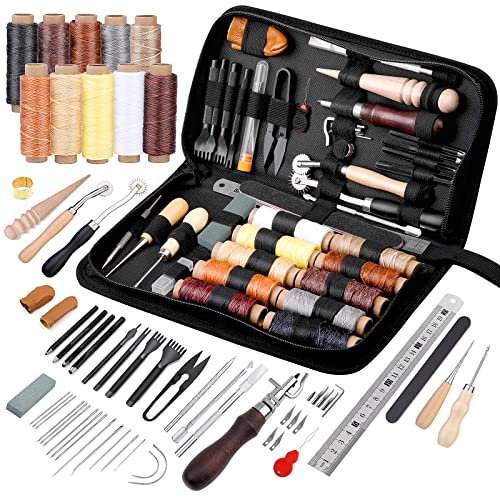 Leather Working Tools Leather Craft Kits Leather Sewing Tools with Storage  Bag Cutting Mat Stamping Tool Prong Punch Waxed Thread Stitching Groover