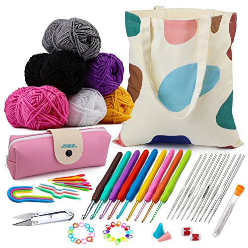 Kannino Crochet Kit for Beginners 60 Pcs Portable Crochet Set Knitting Kit  with 6 Crochet Yarn, Ergonomic Crochet Hooks and Crochet Accessories