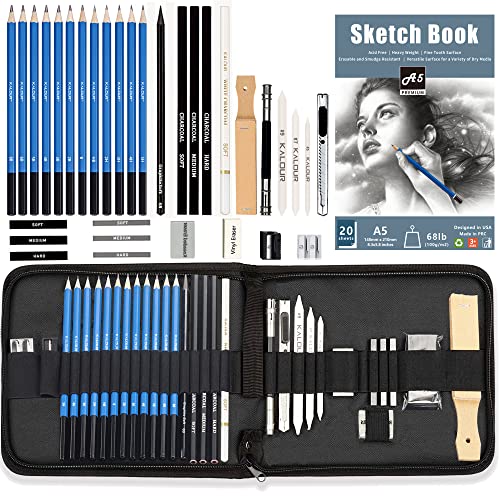 KALOUR Sketching Coloring Art Set - 38 Pieces Drawing Kit with Sketch Pencils,Watercolor Pencils,Charcoal,Brush,Eraser -Portable Zippered Travel