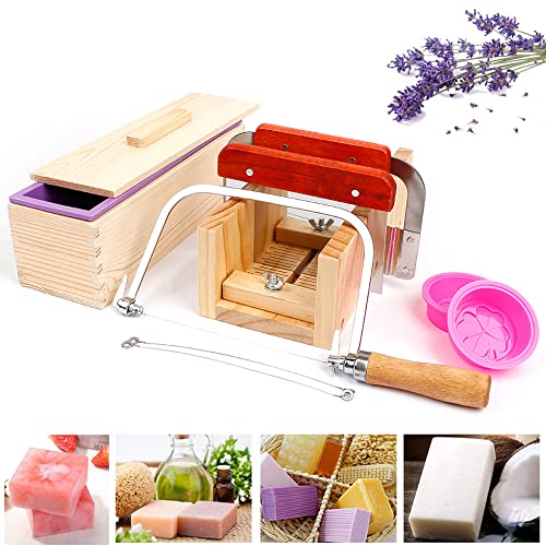 HomeBuddy Soap Molds with Soap Cutter Set - Ultimate Soap Making Supplies,  Silicone Mold Making Kit with Bamboo Box and Lid, Adjustable Wooden Soap