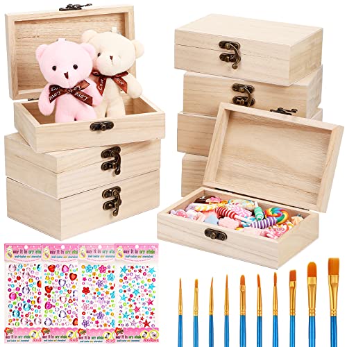 Leinuosen 15 Pcs Small Wooden Boxes with Hinged Lids 3.5 x 2.2 x 1.9 Inch  Unfinished Wooden Treasure Chest Box 10 Pcs Paint Brushes with 2 Sheets