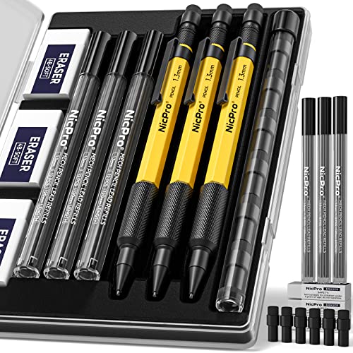 Nicpro 27PCS Art Mechanical Pencils Set in Case, Metal Drafting Pencil 0.5,  0.7, 0.9 mm & 2mm with 13 Tube Lead Refills(4B 2B HB 2H 4H Colors)