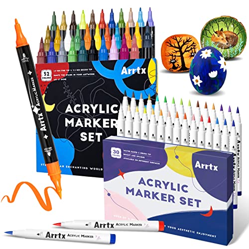 artugn 24 colors acrylic paint pens, dual tip pens with medium tip and  brush tip, paint markers for rock painting, ceramic, wood, pl