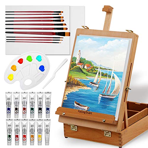 Falling in Art Adjustable Easel Set-Tabletop Easel Starter Kit with Acrylic Painting Sets, Canvas Panels, Brushes, Palette for Gifts